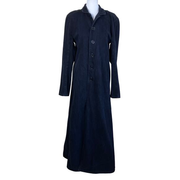 Red Balls On Fire Vtg Matrix Coat Trench Coat Mens Small Black Full Length - Picture 1 of 16